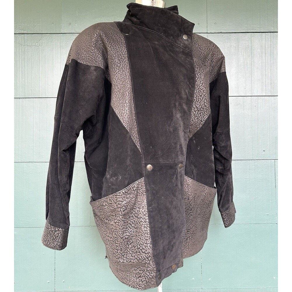 Vintage 80s Black Leather Suede Jacket Abstract Leopard Print Madonna Medium